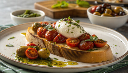 Burrata toast with cherry tomatoes and olives