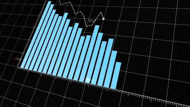 Dynamic animated financial chart sequence showcasing increasing profits and decreasing losses, blue bars rising on black grid background, demonstrating positive trend and growth.