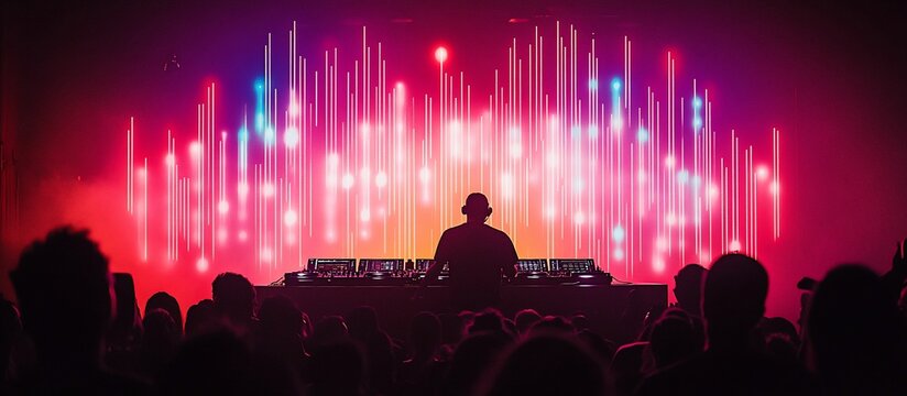 DJ performing at a vibrant music festival with colorful lights and an enthusiastic crowd