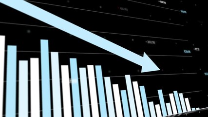 Data visualization showing declining financial trends, multiple graphs with downward arrows indicating decreased profits or increased losses, black background, cool tones, Copy space.