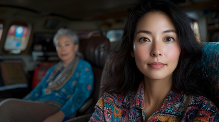Fototapeta premium Woman and mother travel, Nepal, car, Himalayas