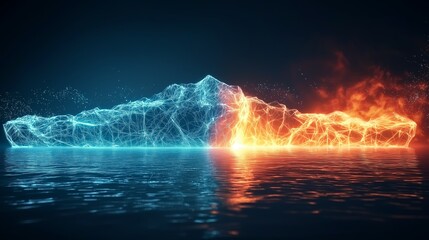 Abstract iceberg divided into fire and ice floating on water symbolizing contrast, duality, nature, energy, climate, and opposing forces, Generative AI