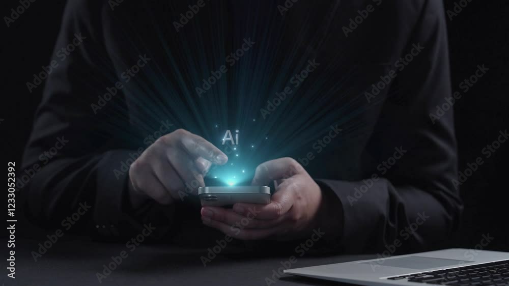 Poster human interact with ai artificial intelligence virtual assistant chatbot in concept of ai artificial