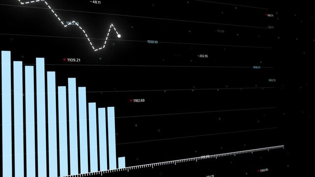 Dynamic business data visualization, black background with blue bars and lines, depicting fluctuating trends, downward arrows highlighting performance decline, Copy space.