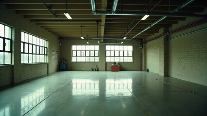 Fototapeta premium Raw Industrial Space with Sunlight Pouring Through Big Windows