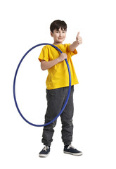Boy with hula hoop showing thumbs up on white background