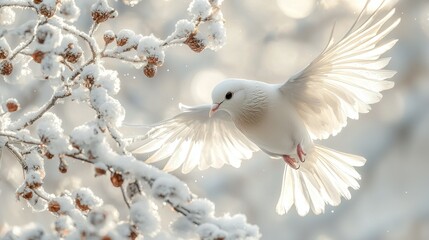 White dove flying near snowy branches in winter sunlight