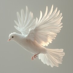 Fototapeta premium White dove soaring with spread wings on light background, symbolic image
