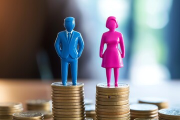 Gender pay gap concept with male and female figures standing on coin stacks representing income inequality, wage disparity, financial imbalance, and workplace discrimination, Generative AI