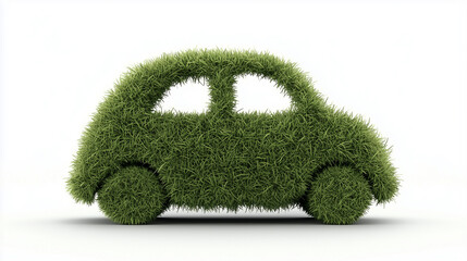 Car made of green grass isolated on white background. Environmental awareness design
