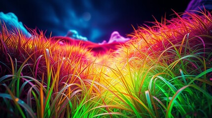 Fototapeta premium Psytrance glowing grass with vibrant phosphorescent colors in a magical landscape