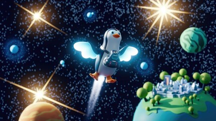 Naklejka premium A cute penguin with glowing wings soars through space, leaving a trail of light, above a miniature planet.
