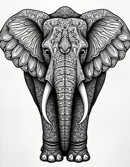 Obraz premium Ornate elephant illustration in black, white. Decorative ethnic mandala style design accents elephant body, features. Animal coloring page suitable for adults. Elegant, stylized representation of