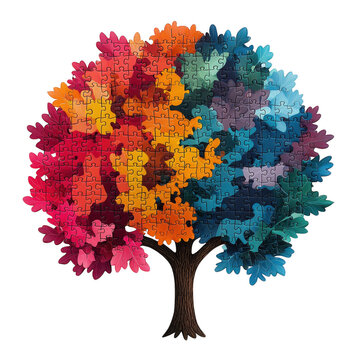 A colorful puzzle depicting a tree with vibrant leaves in various shades, showcasing artistry and creativity, Transparent Background.