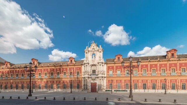 The Palace of San Telmo timelapse hyperlapse in Seville, Spain. Formerly university for navigators, now the seat of the Andalusian Government. Baroque architecture with ornate facade and rich history