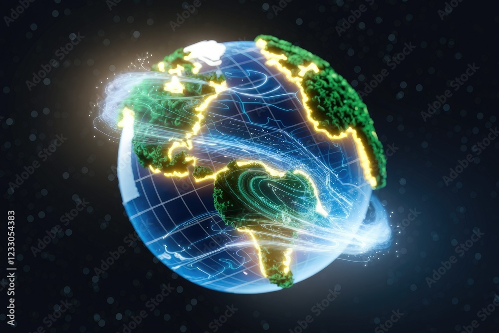 Poster a vibrant 3d digital earth model showcasing interconnectedness and global networks, with glowing con