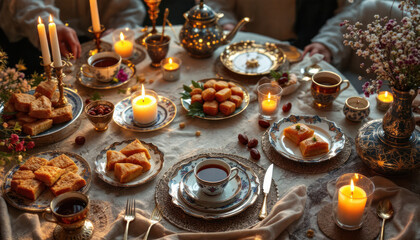 A Luxurious Evening Feast: Delicious Desserts and Warm Ambiance