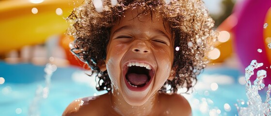 Child laughing joyfully in a colorful water park, splashing in a pool with summer sunlight, fun attractions, and happy moments captured in family leisure activities.