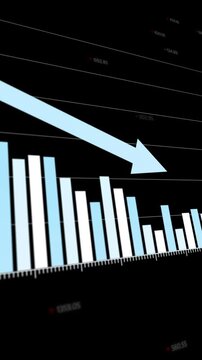 Visual data analysis showing declining profit margins, descending financial bar graphs against black background, trending downward arrows indicating loss, copy space.