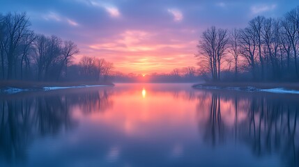 Fototapeta premium Misty sunrise river reflection winter landscape
