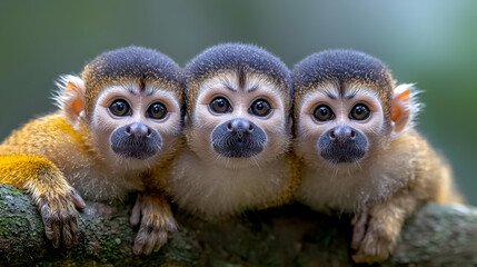 Obraz premium Three squirrel monkeys huddle on branch, rainforest background, wildlife photography