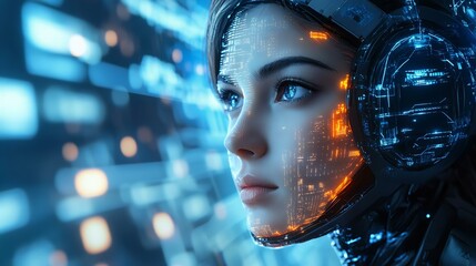 Futuristic portrait of a woman integrated with digital technology, highlighting concepts of AI, cybernetics, and virtual reality in a high-tech setting.