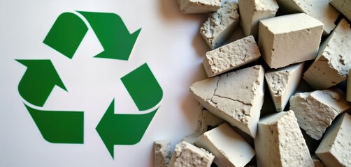 Demolished building debris piled up on construction site. Recycling symbol shows eco friendly waste management. Concrete, brick rubble ready for recovery, recycling. Construction material reuse
