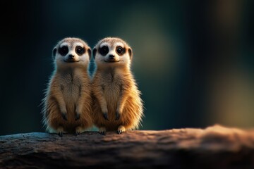 two adorable meerkats standing on a log