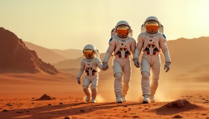 Astronaut family strolls on Martian landscape. Sunrise paints red desert. Family explores new planet. Future colonization concept. Spacesuit uniform. Children explore Mars. Parents support children.