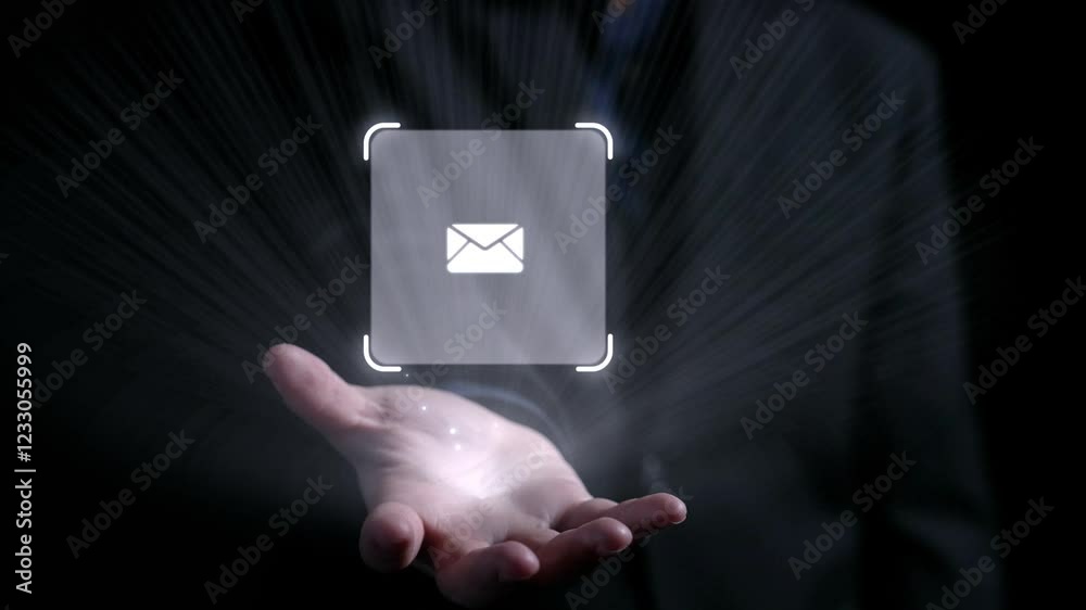Poster business person checking email inbox, organizing and prioritizing messages for better productivity. 