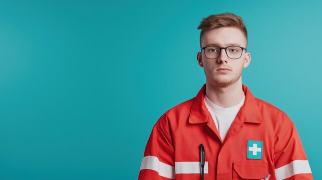Confident young paramedic in red uniform against turquoise background