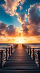Obraz premium cinematic style photograph. Tropical beach sunset, wooden jetty extending into the ocean.