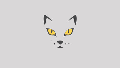 Stylized minimalistic illustration of a cat's face with bright yellow eyes  , copy space