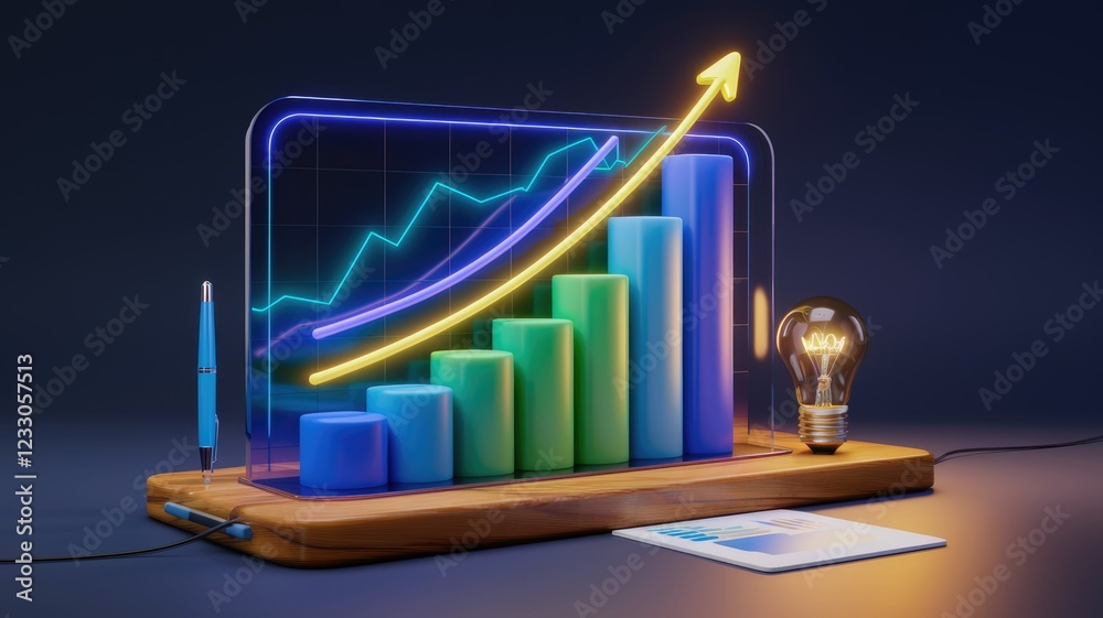 Poster Ascending bar graph showcasing growth, illuminated by neon lines and a glowing lightbulb, symbolizing innovative progress.