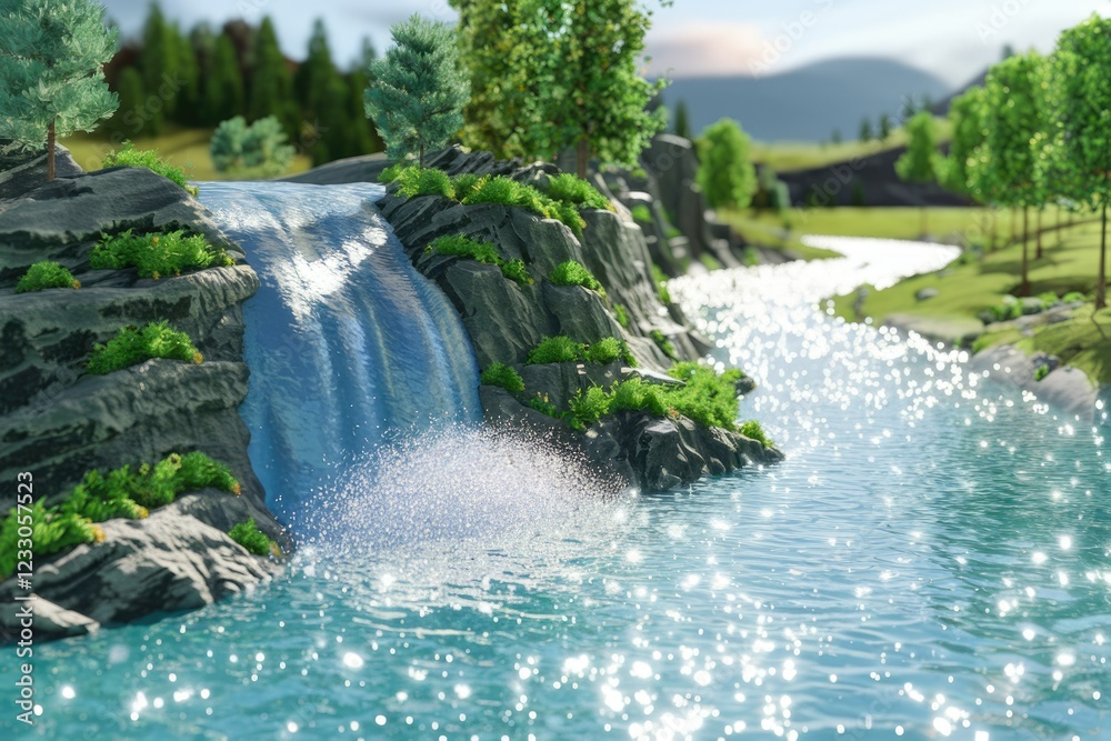 Poster Serene waterfall cascading into a sparkling river, nestled within a lush green valley.