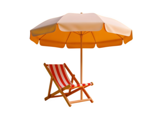 Front view Beach umbrella with chairs on yellow background. Summer vacation concept