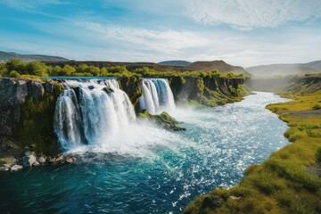 Majestic waterfall cascading down mossy cliffs into a vibrant blue river, surrounded by lush green landscape under a sunny sky.