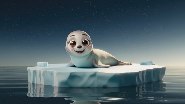 Adorable cartoon seal pup rests on a small iceberg in the tranquil Arctic ocean under a starry night sky.