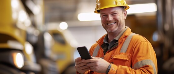 Construction worker smiling and using smartphone while wearing safety gear in industrial warehouse. Heavy machinery and equipment in background for job site operations.