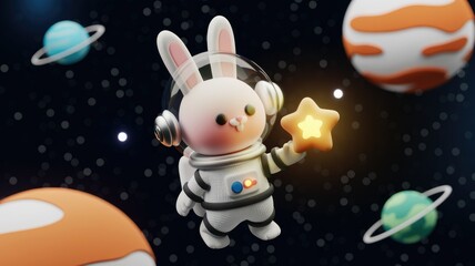Adorable bunny astronaut explores space, holding a glowing star amidst planets.