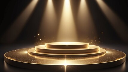 Gold award podium. Empty 3d golden stage with glowing light rays on glitter floor. Luxury product presentation, glamour design beauty industry, winner ceremony. 