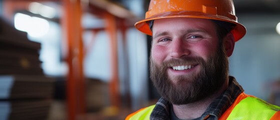 Construction worker smiling with hard hat in warehouse environment, engaged in project safety and teamwork. Industrial worker showcasing confidence on site.