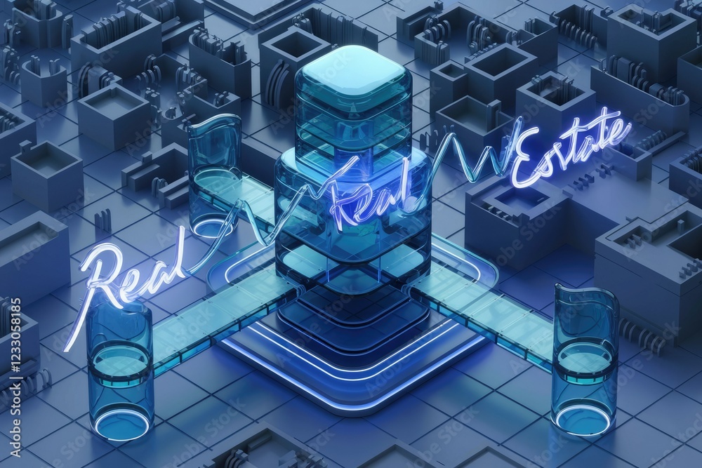 Aufkleber abstract 3d rendering depicting the growth of the real estate market with neon signs and glass struc