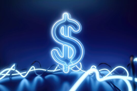 Glowing neon dollar sign symbol on a dark blue background with wavy lines.