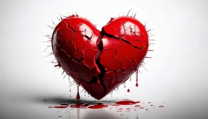 A broken red heart with a realistic crack in the middle and a single tear drop falling