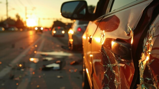 Sunset traffic accident scene with damaged car and shattered glass on road. Distracted Driving Awareness Month - Powered by Adobe