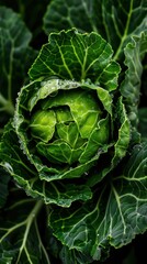 Obraz premium Fresh green cabbage with water drops in a garden setting. Brussels Sprouts and Cabbage Month