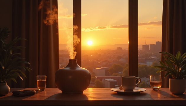 Aromatherapy diffuser releasing mist in cozy evening room, relaxation