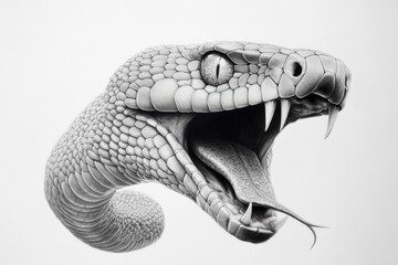 Naklejka premium realistic pencil drawing of a snake with its mouth open, showing fangs and forked tongue