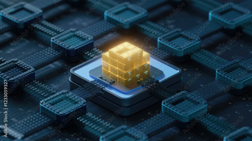 Poster A glowing gold cube, representing data, sits at the center of a complex, interconnected network of processors.